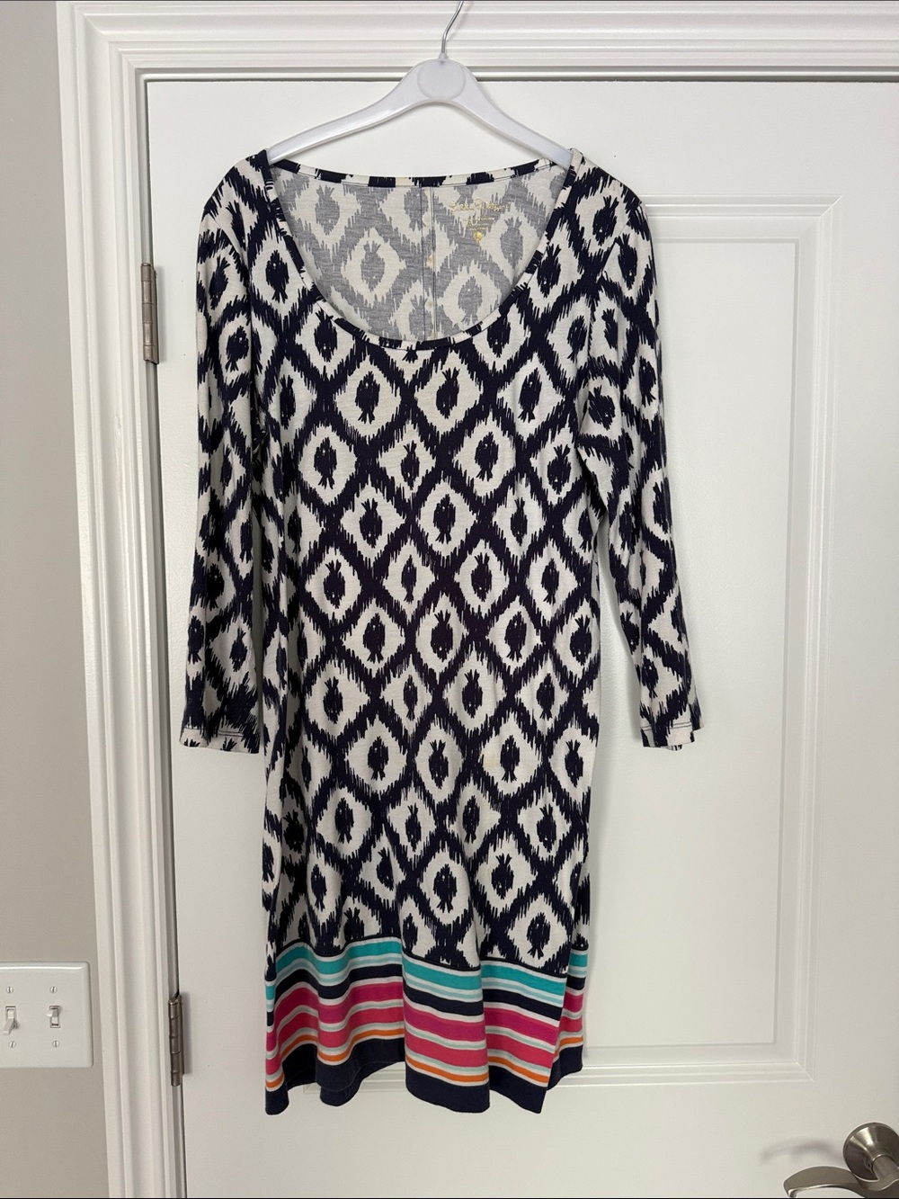 Lilly Pulitzer Navy & White Ikat Dress with Multicolor Stripe Hem